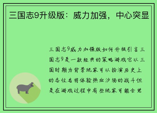 三国志9升级版：威力加强，中心突显